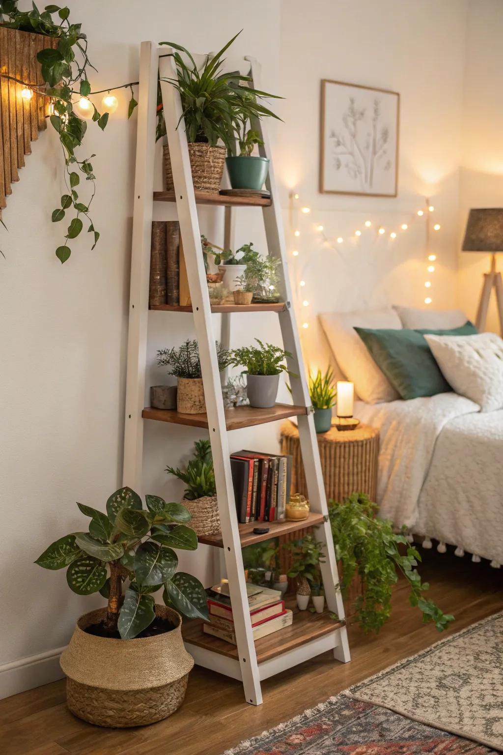 Ladder shelves provide a chic way to display items.