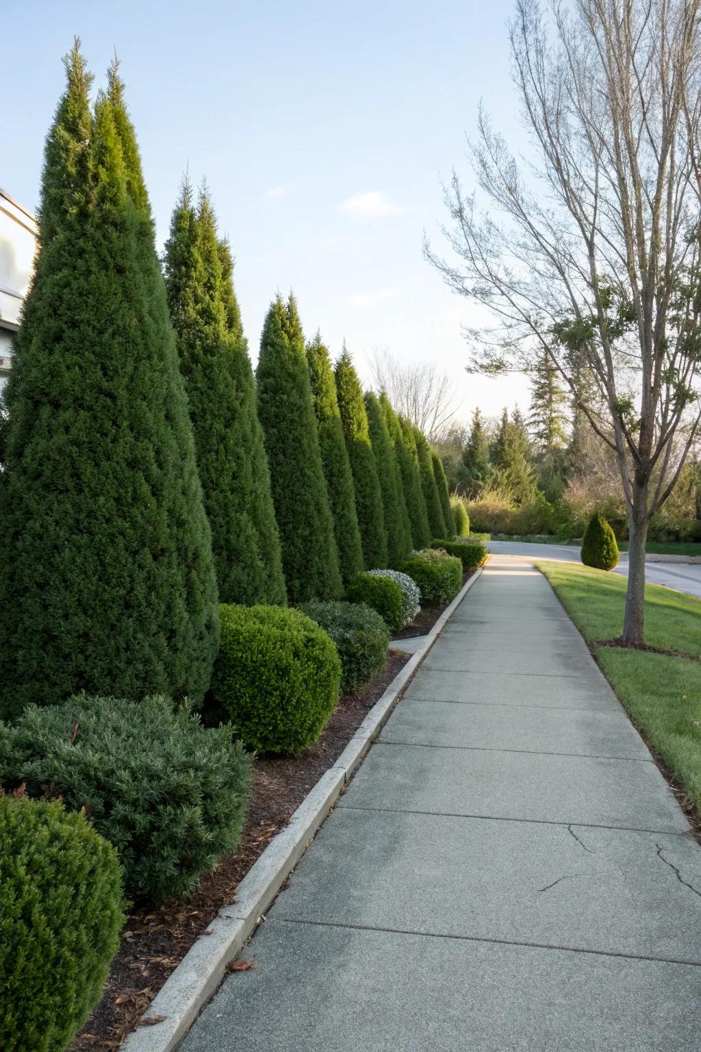 Evergreen bushes bestowing a polished aesthetic upon a corner driveway.