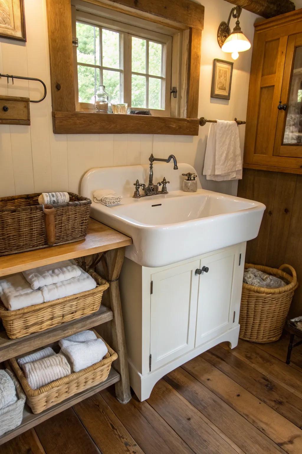 A vintage-style sink adds character to any laundry room.