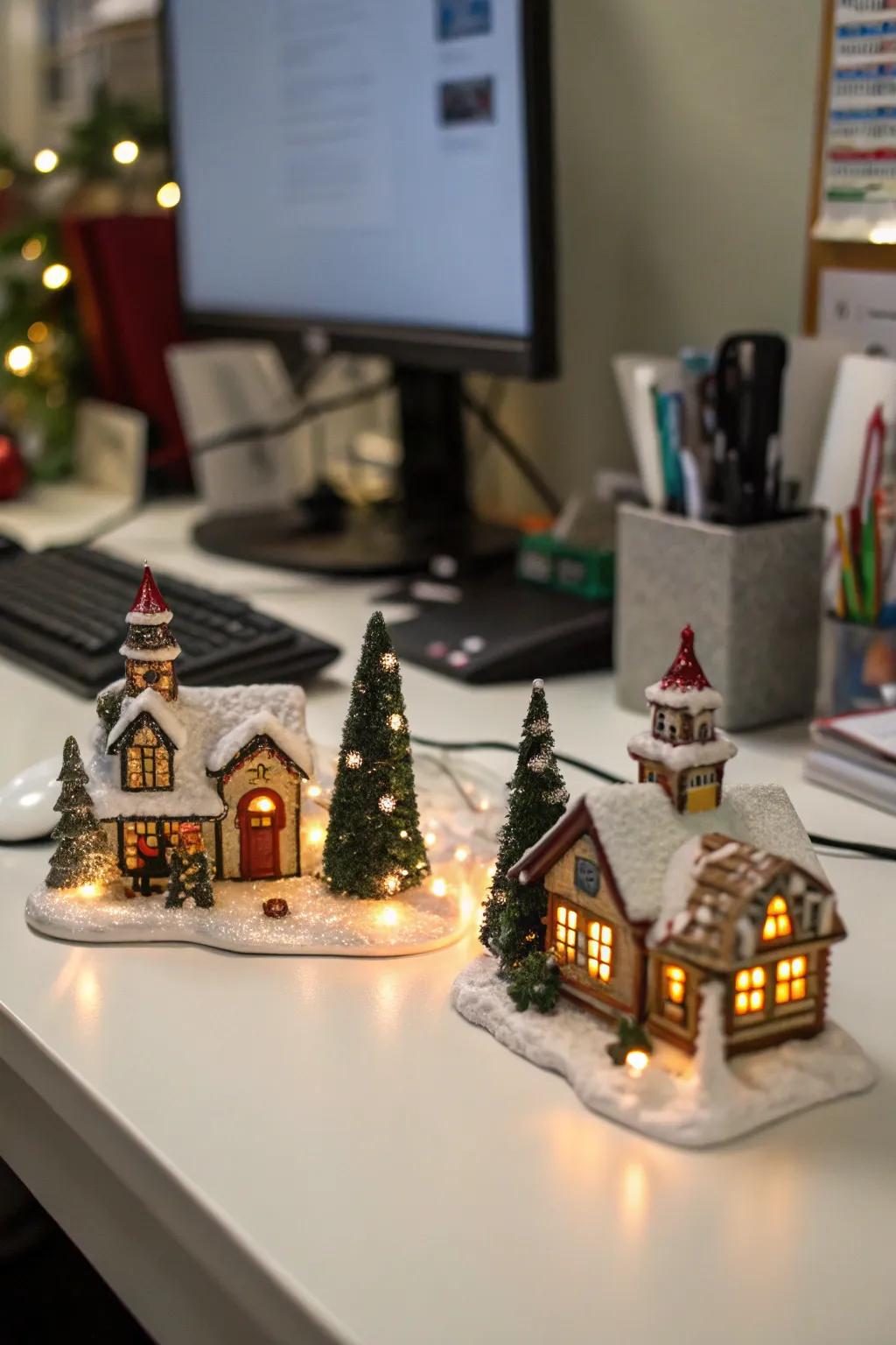 A charming miniature Christmas village brings holiday magic to the office.