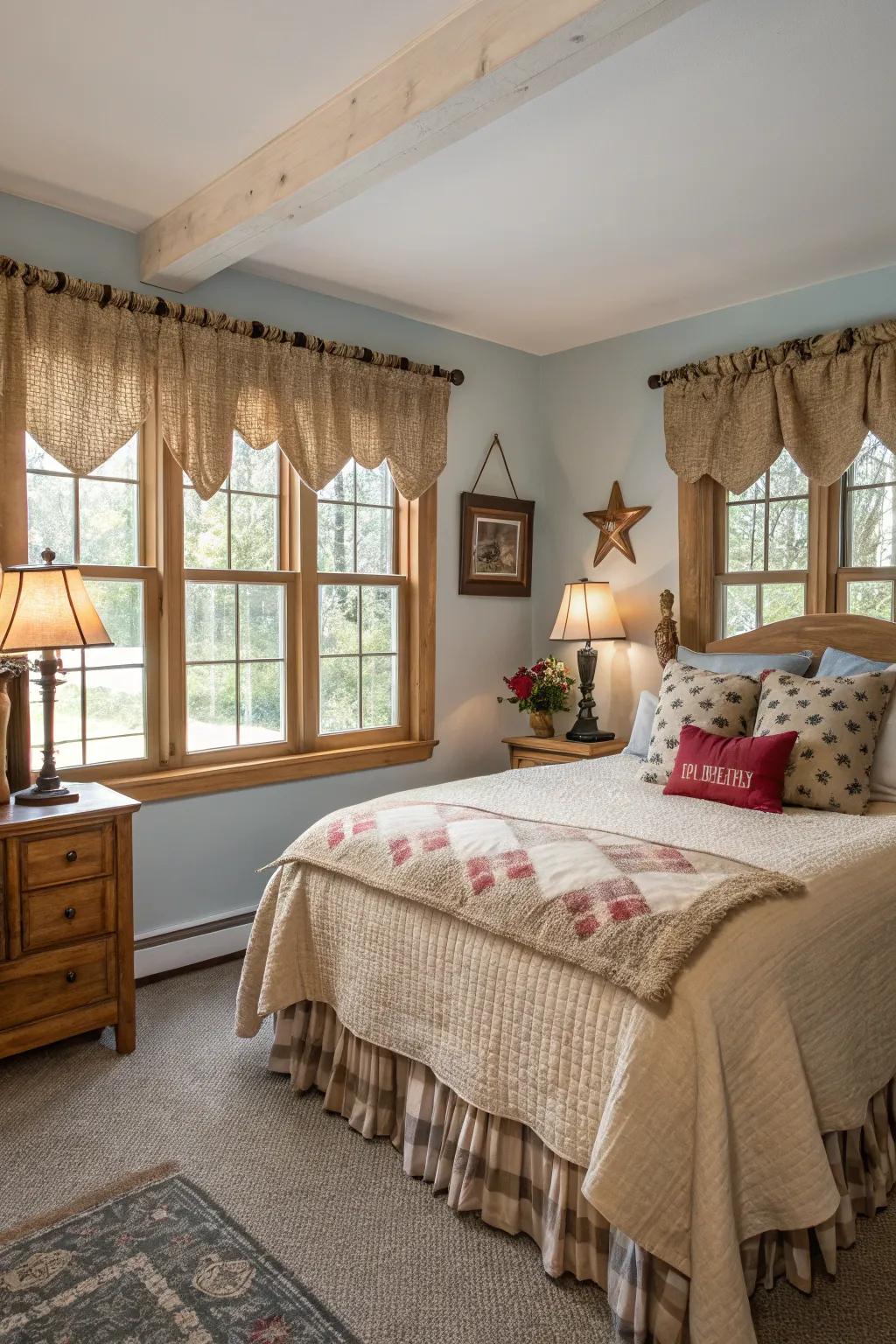 Usher bucolic charm into your guest quarters through burlap valances.