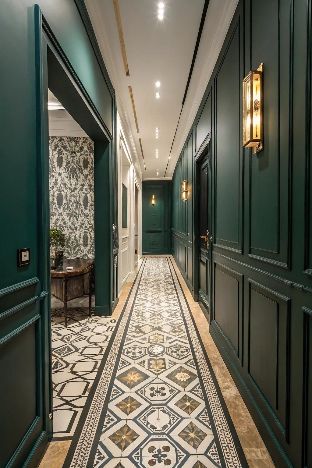Geometric tiles introduce design to this forest green hallway.