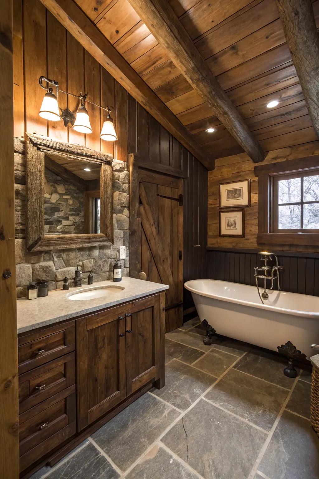Natural timber panels add a textured background to this pleasing restroom.
