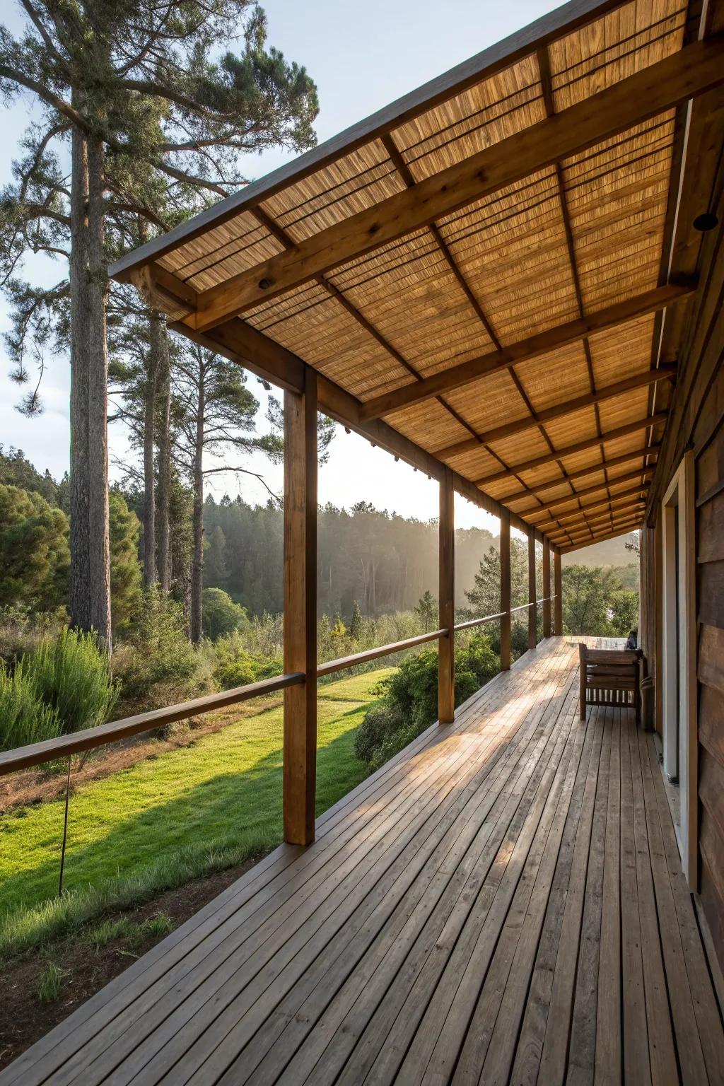 Rustic wooden panels provide a cozy and shaded deck environment.