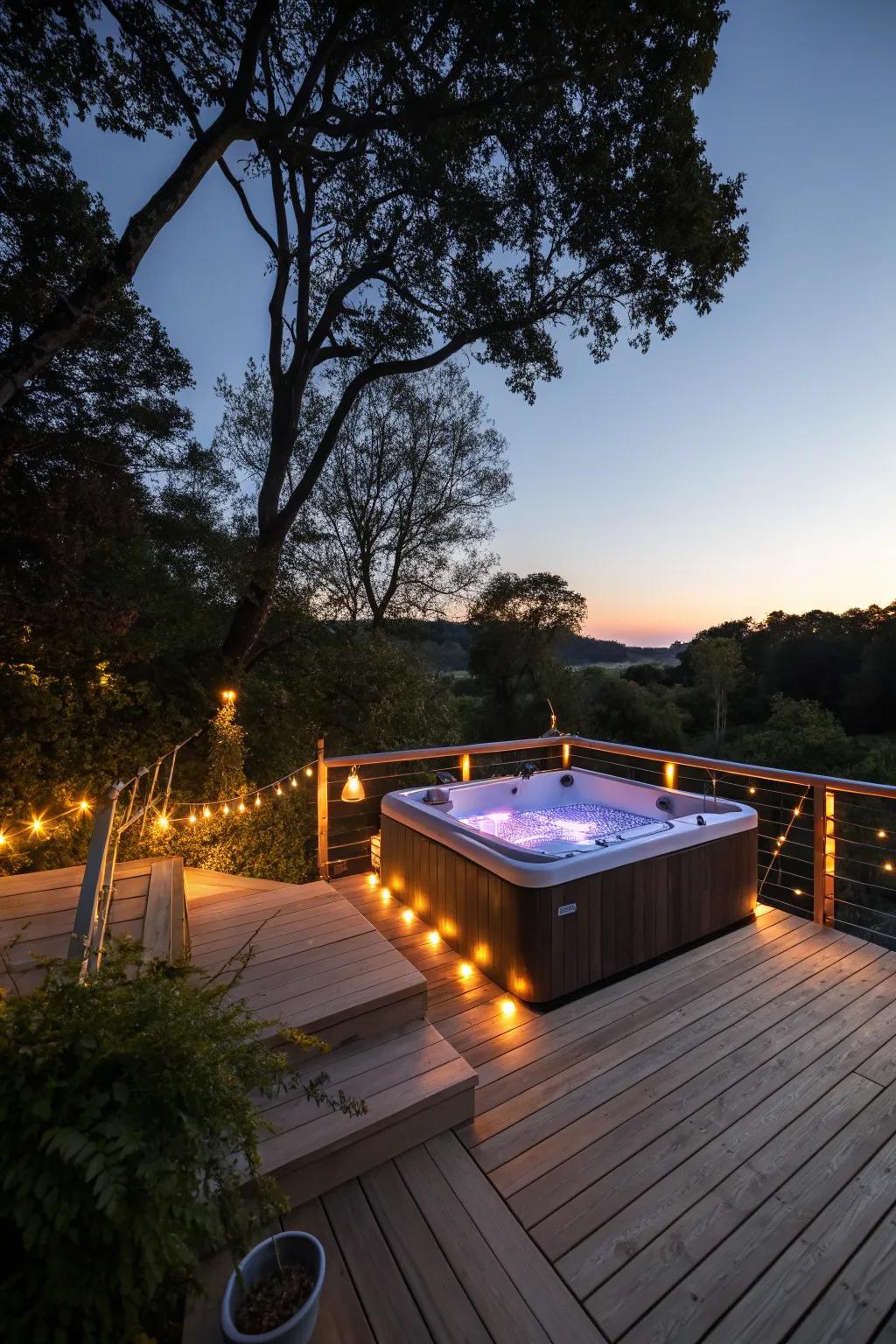 Captivating lighting enhances the ambiance around the hot tub.