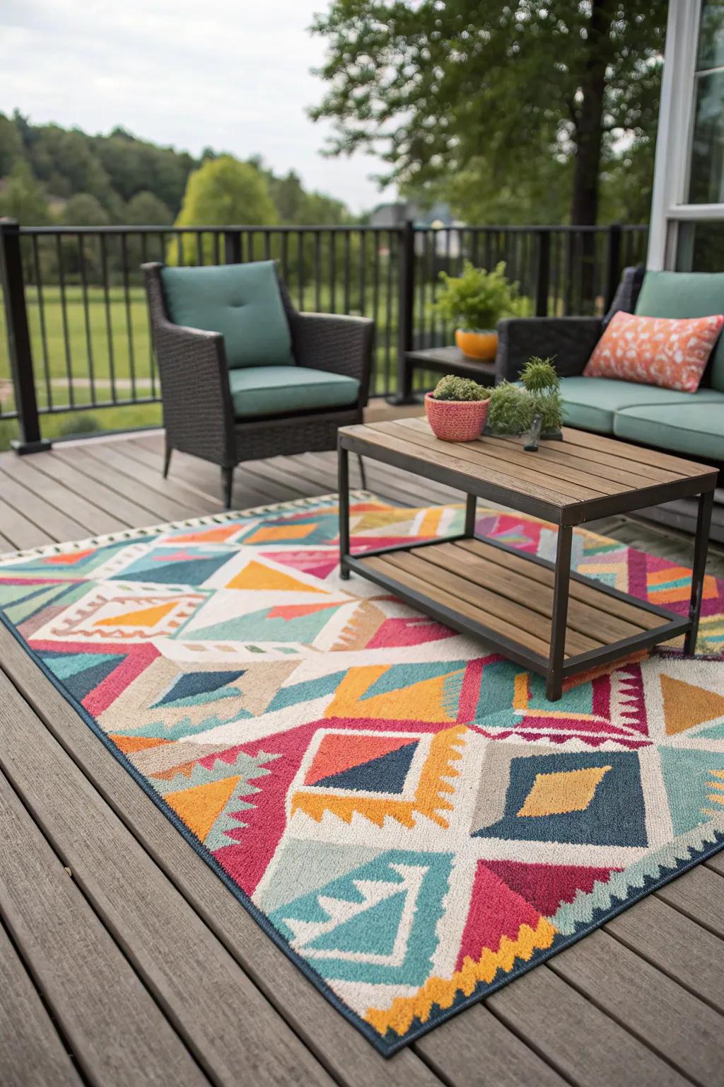 A lively rug metamorphoses this deck into a spirited outdoor living space.