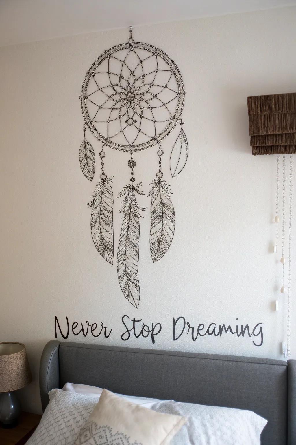 A bedroom with a dreamcatcher and inspirational quote.