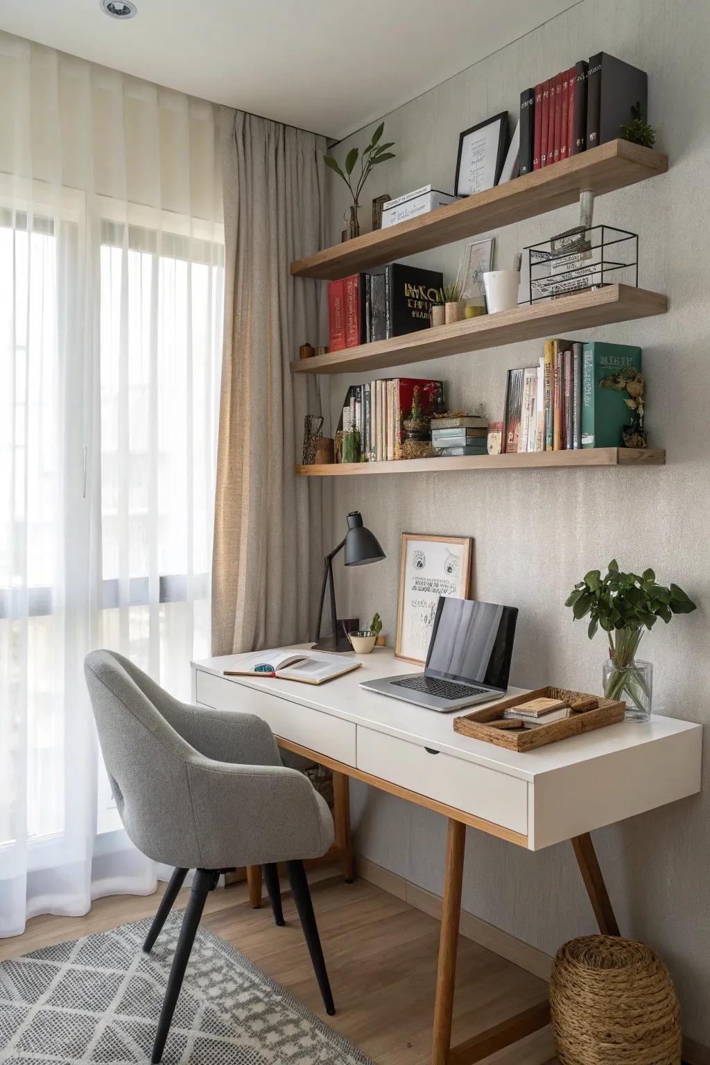 Floating shelves providing stylish storage above a desk.