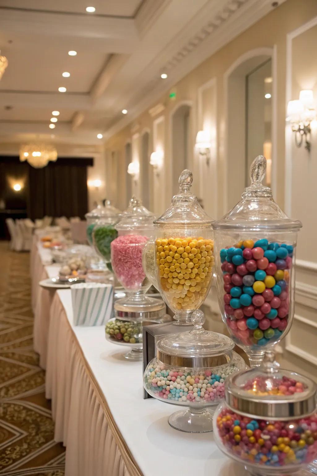 An elegant candy buffet with a seamless color scheme.