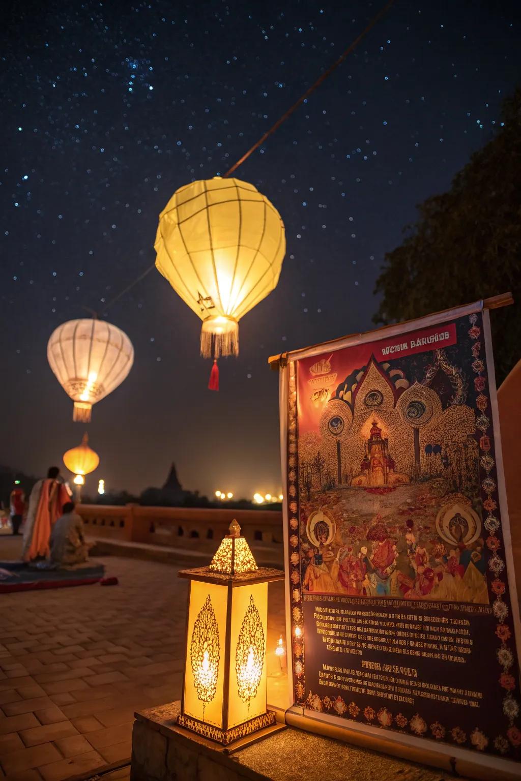 An enchanting Diwali poster featuring radiant hanging lights at night.
