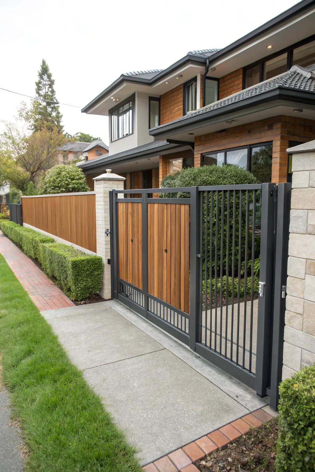 A striking mixed material gate that captures attention with its unique design.