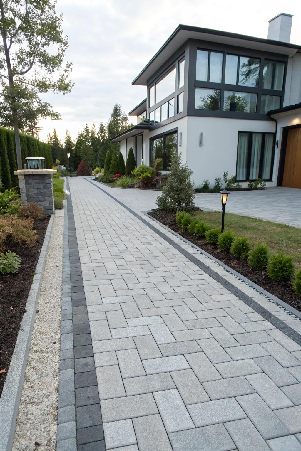 Sleek and modern linear paver design enhancing a contemporary home's driveway.