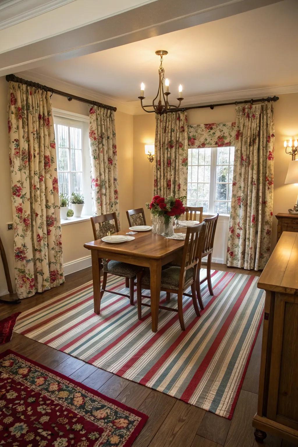 A dining space showcasing an engaging blend of patterns.