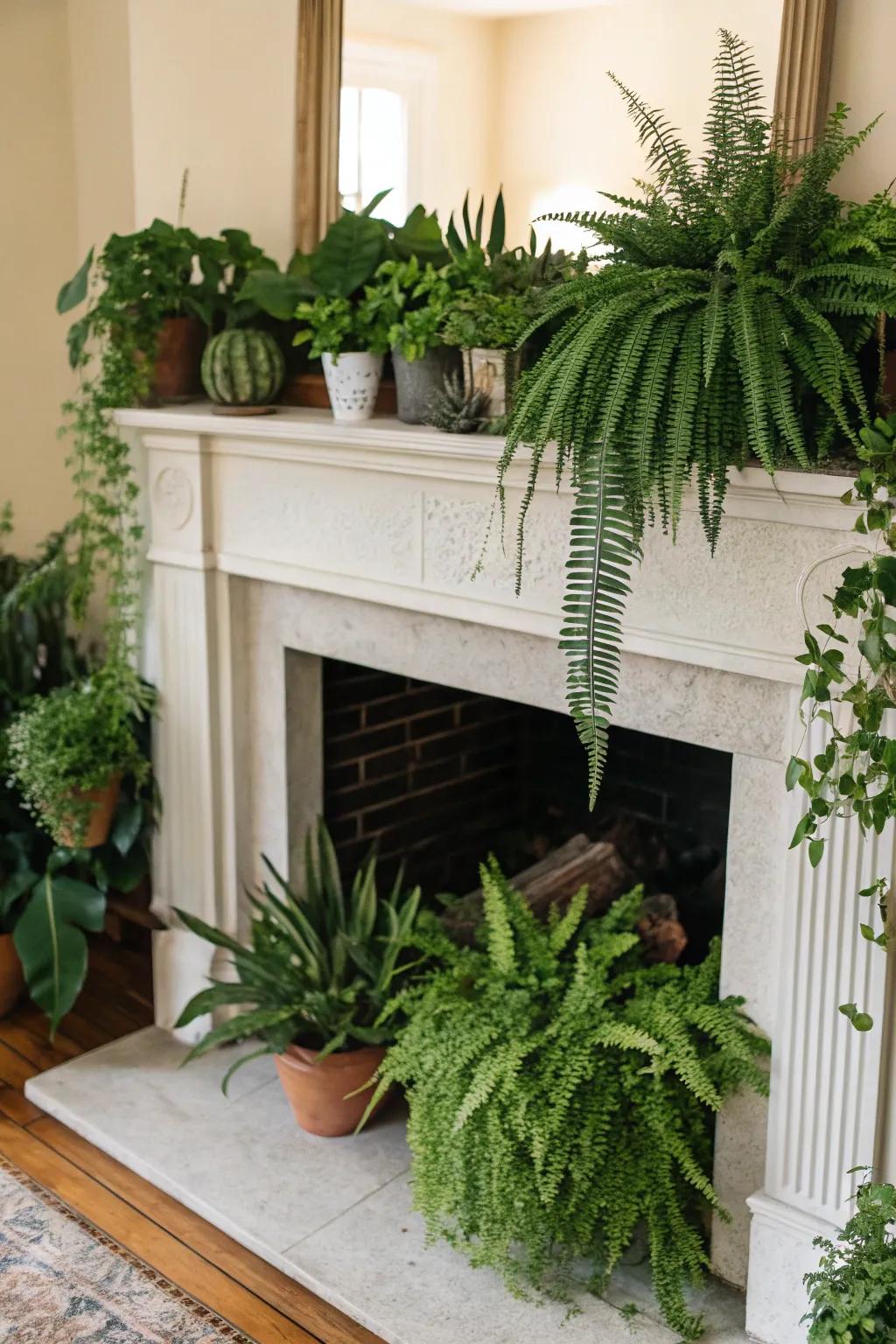 Bring nature indoors with a fireplace filled with greenery.