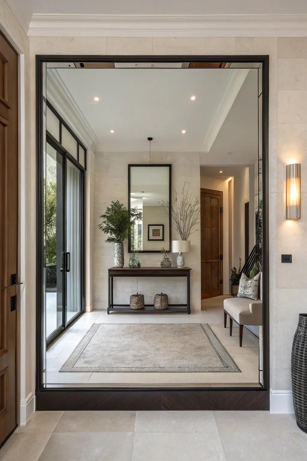 A frameless mirror provides a sleek and modern touch to any entryway.