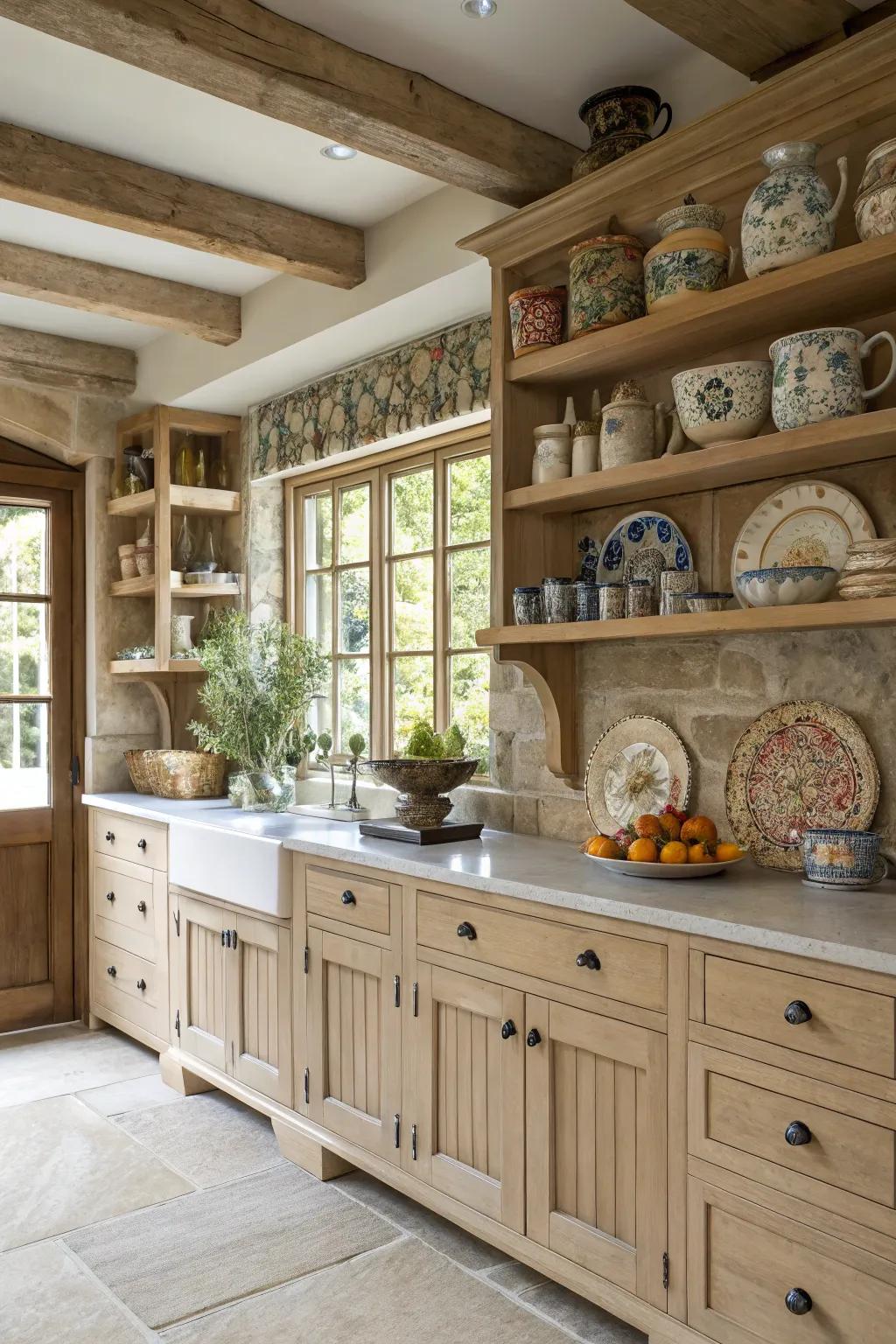 Open shelving combined with light wood cabinets fosters an expansive feel.
