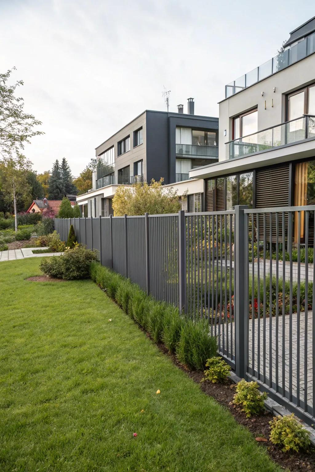 Metal panel fencing provides a sleek and industrial aesthetic.