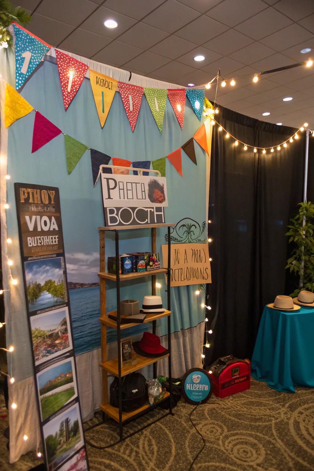 A photo booth corner with fun props for capturing first birthday memories.