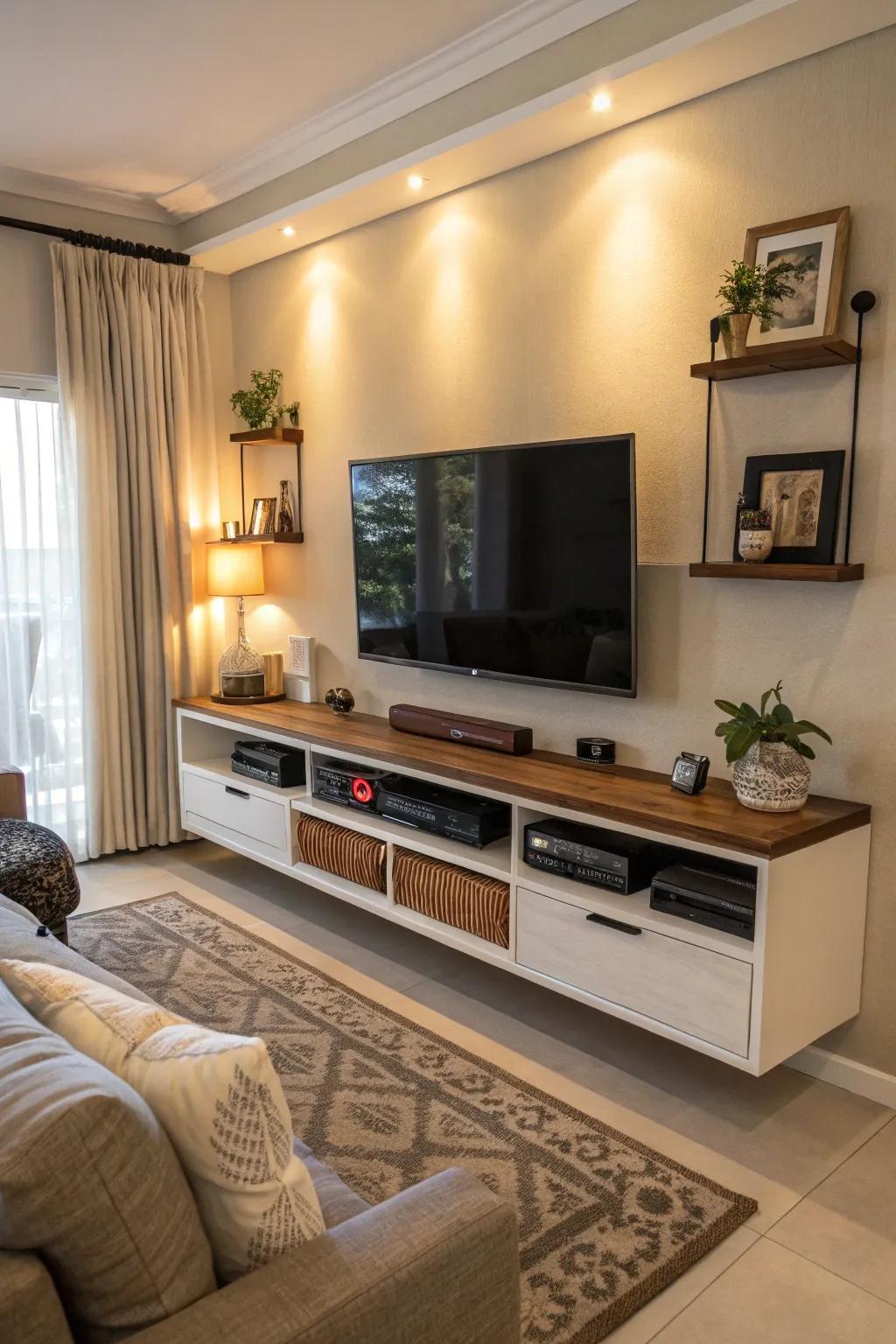 Maintain the structured arrangement of your space with a floating ledge incorporating concealed storage.