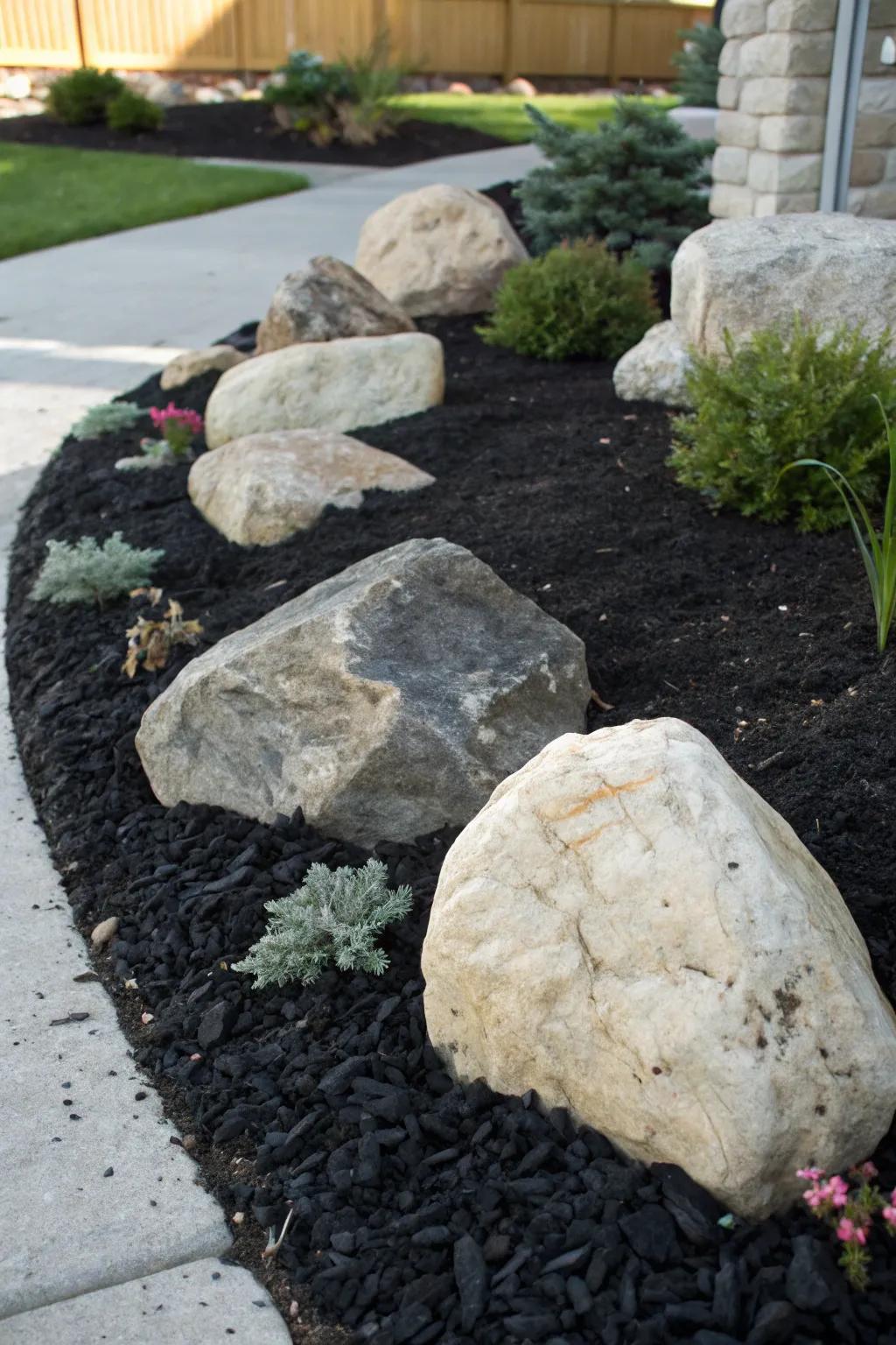 Rocks and mulch: a perfect pair for visual interest.