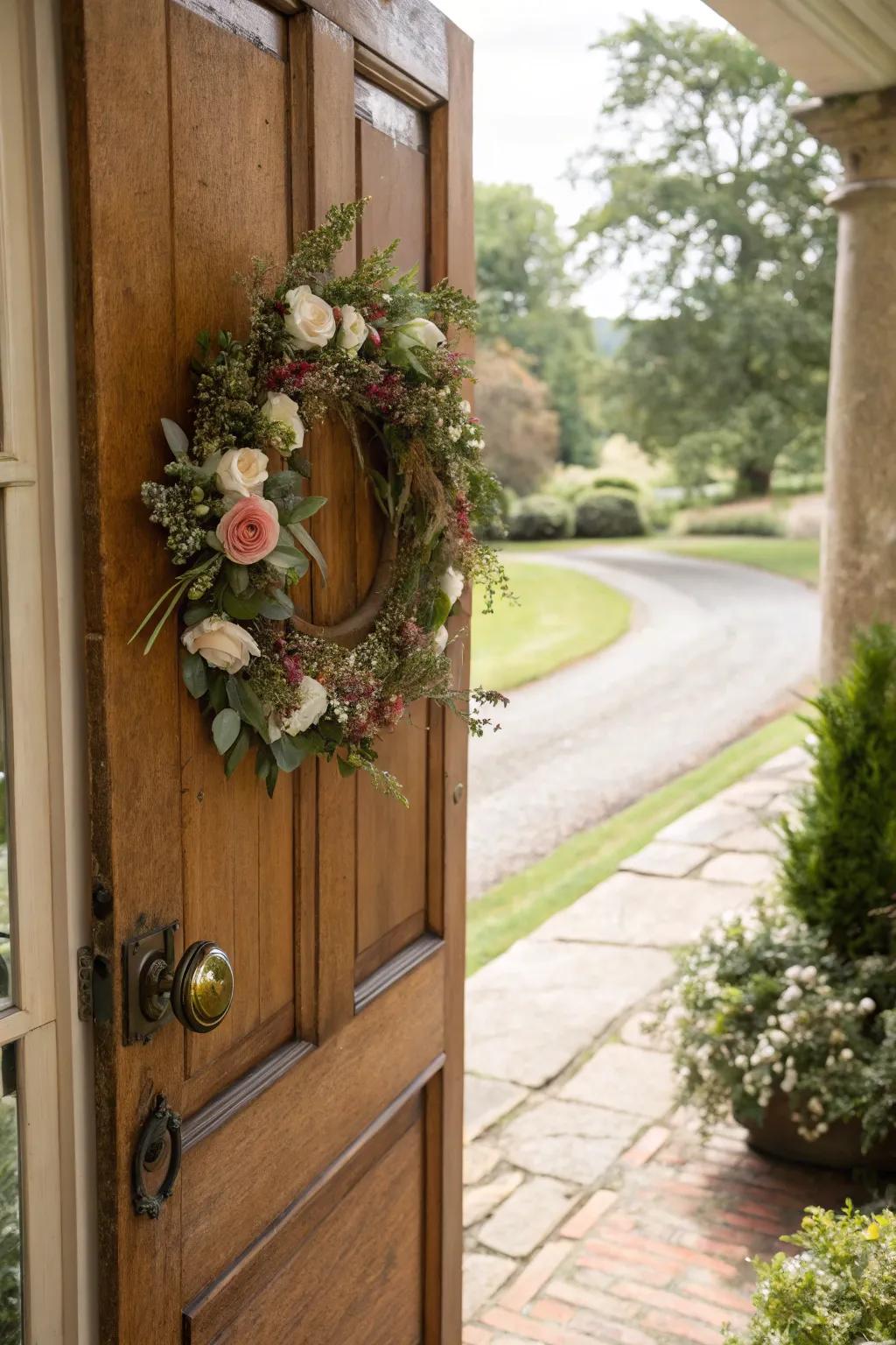 A front portal is ornamented with an evergreen blossom-themed festoon.