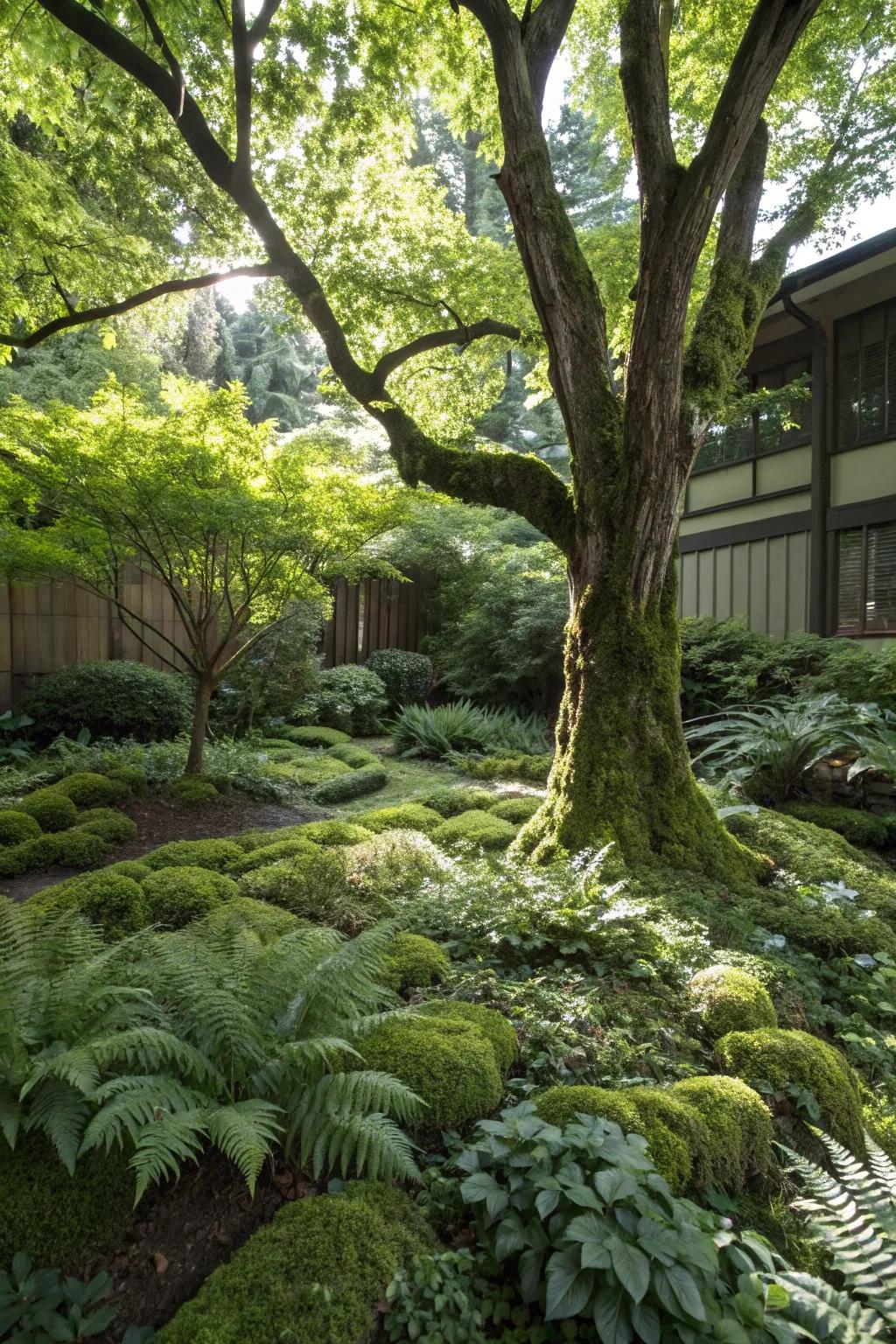 Ground cover plants offer a lush and easy-care option for landscaping around trees.