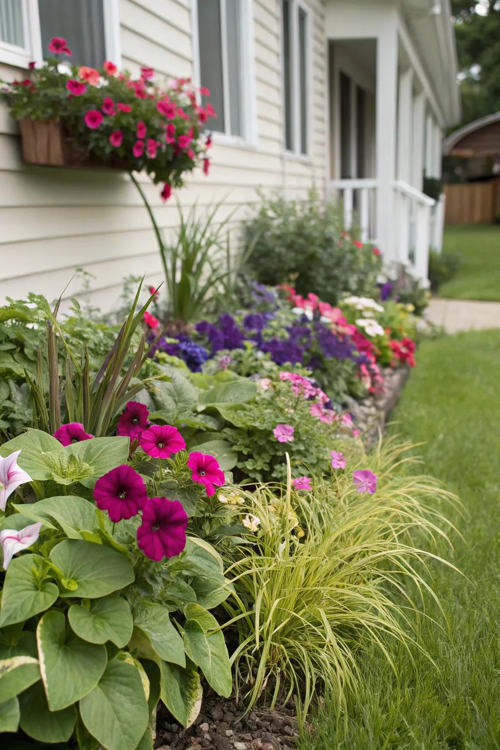 Enhance texture with mixed plantings of geraniums and other species.