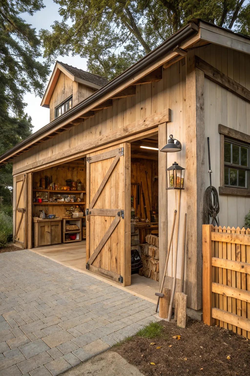 A charming rustic barn-style garage with wooden features.