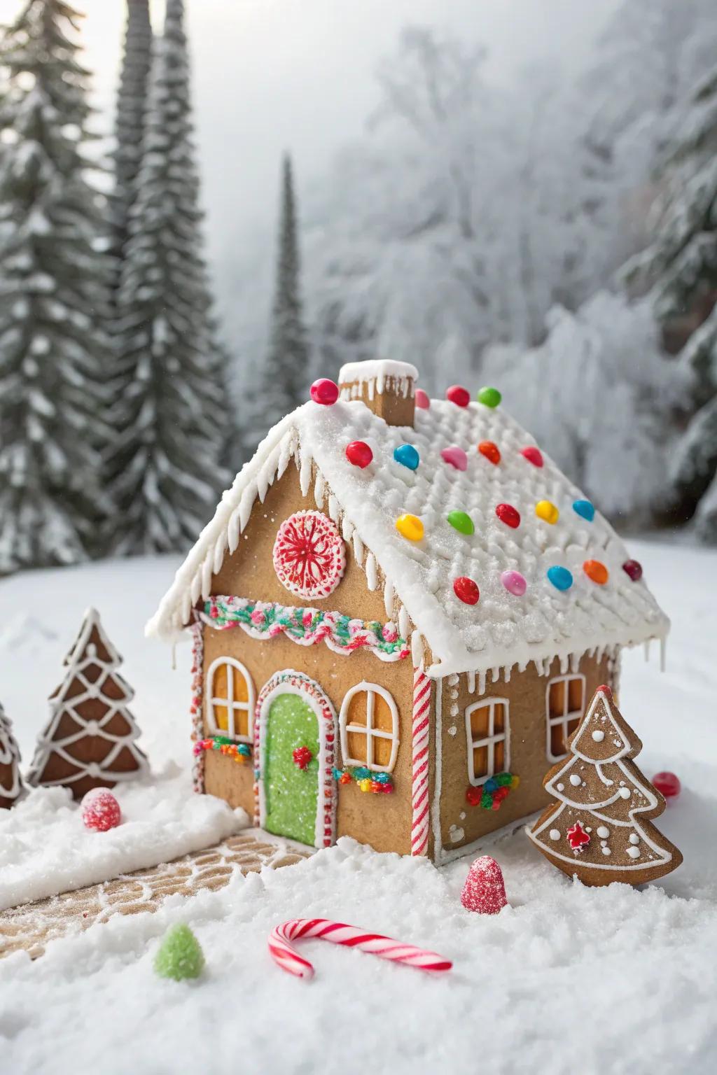 A gingerbread cabin with vibrant candy windows and doors.