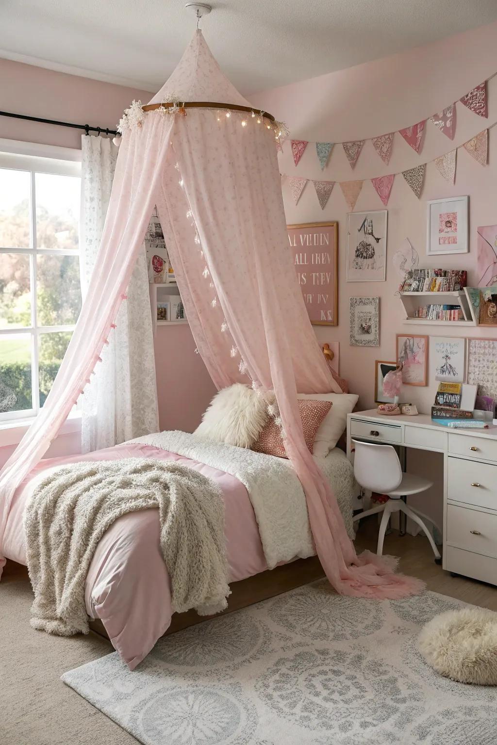 A pink canopy adds a dreamy effect to the bedroom.