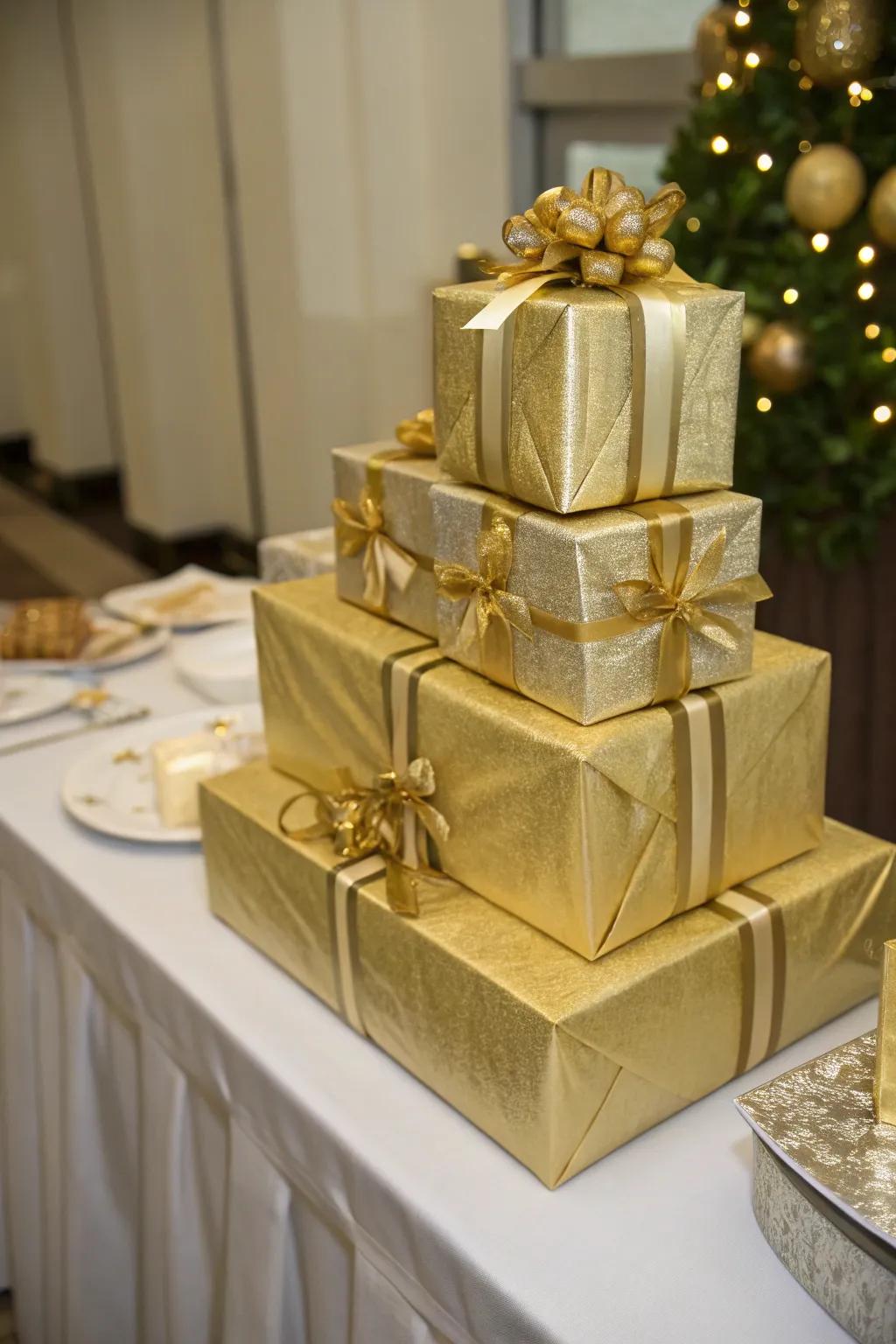 Gifts wrapped in gold paper add to the festive feel.