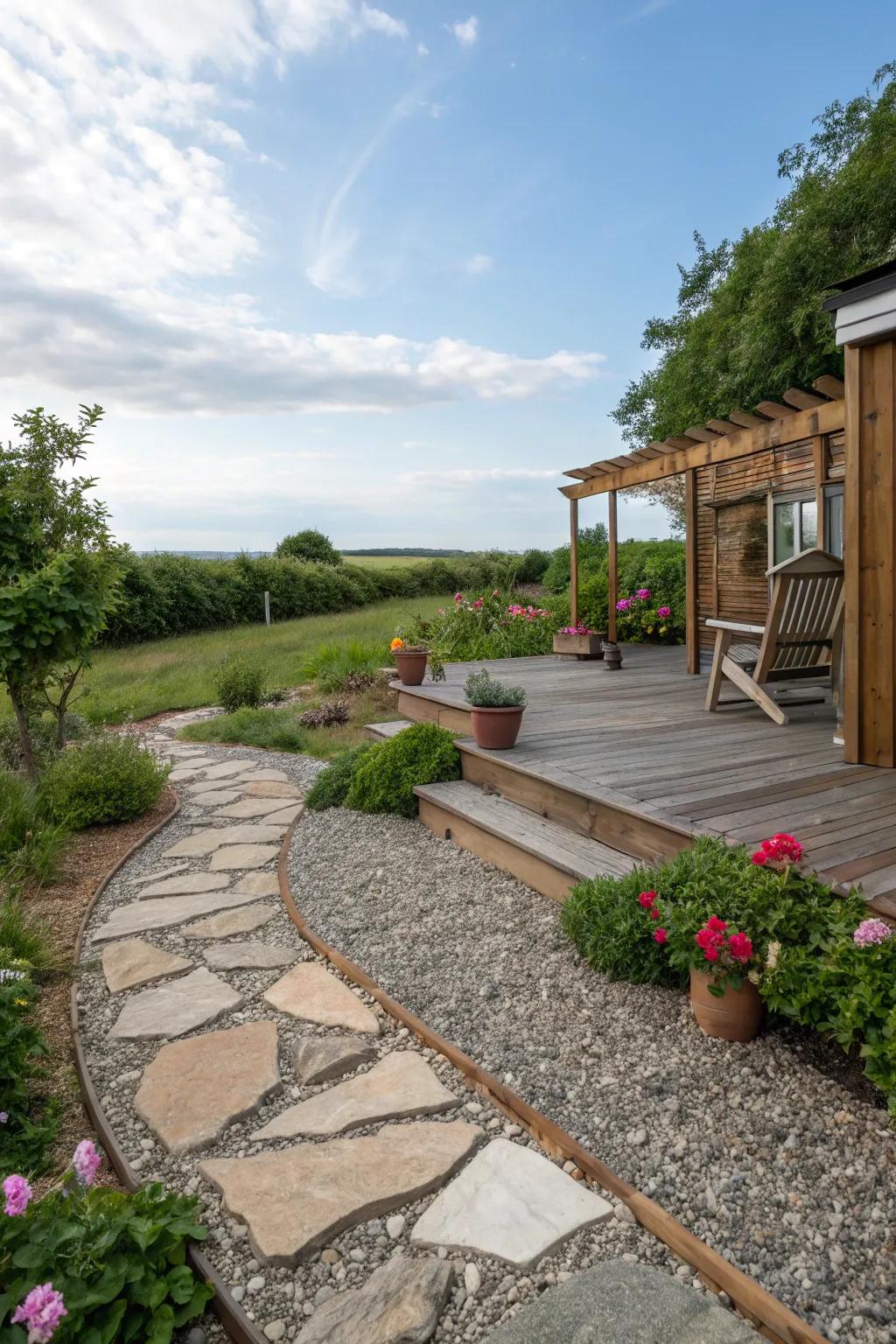 A gravel patio elegantly combined with stone pathways and a wooden deck.