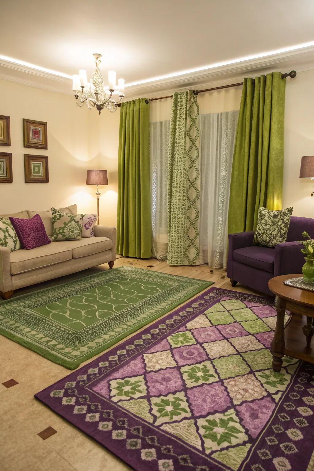 Patterned rugs and curtains enhancing the room's color scheme.