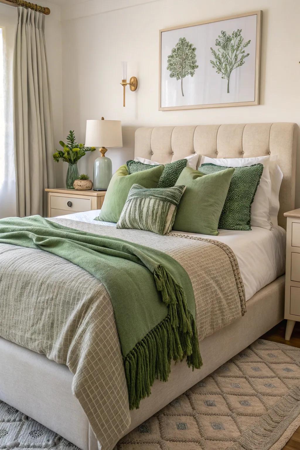 Green bedding accents bring a fresh feel to the bedroom.