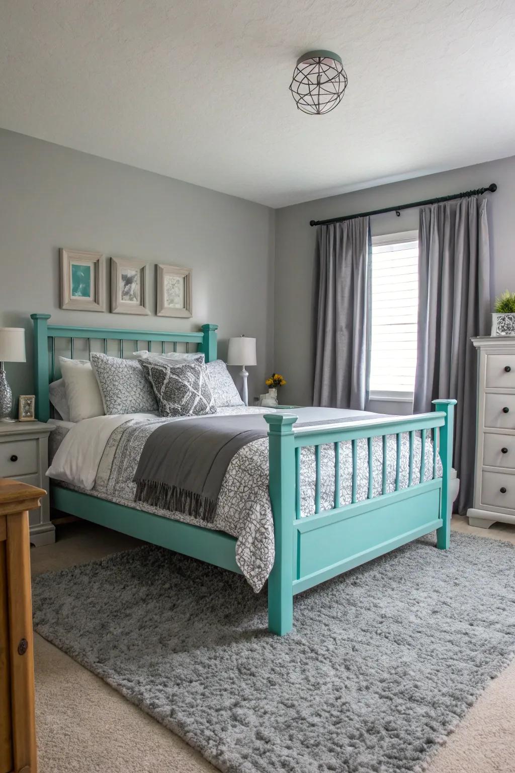 A turquoise bed frame creates a stunning focal point in a grey-themed room.