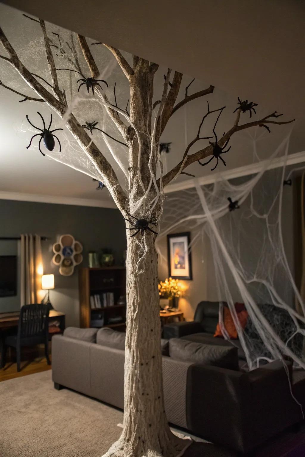 A Halloween tree adorned with a spectral arachnid web motif.