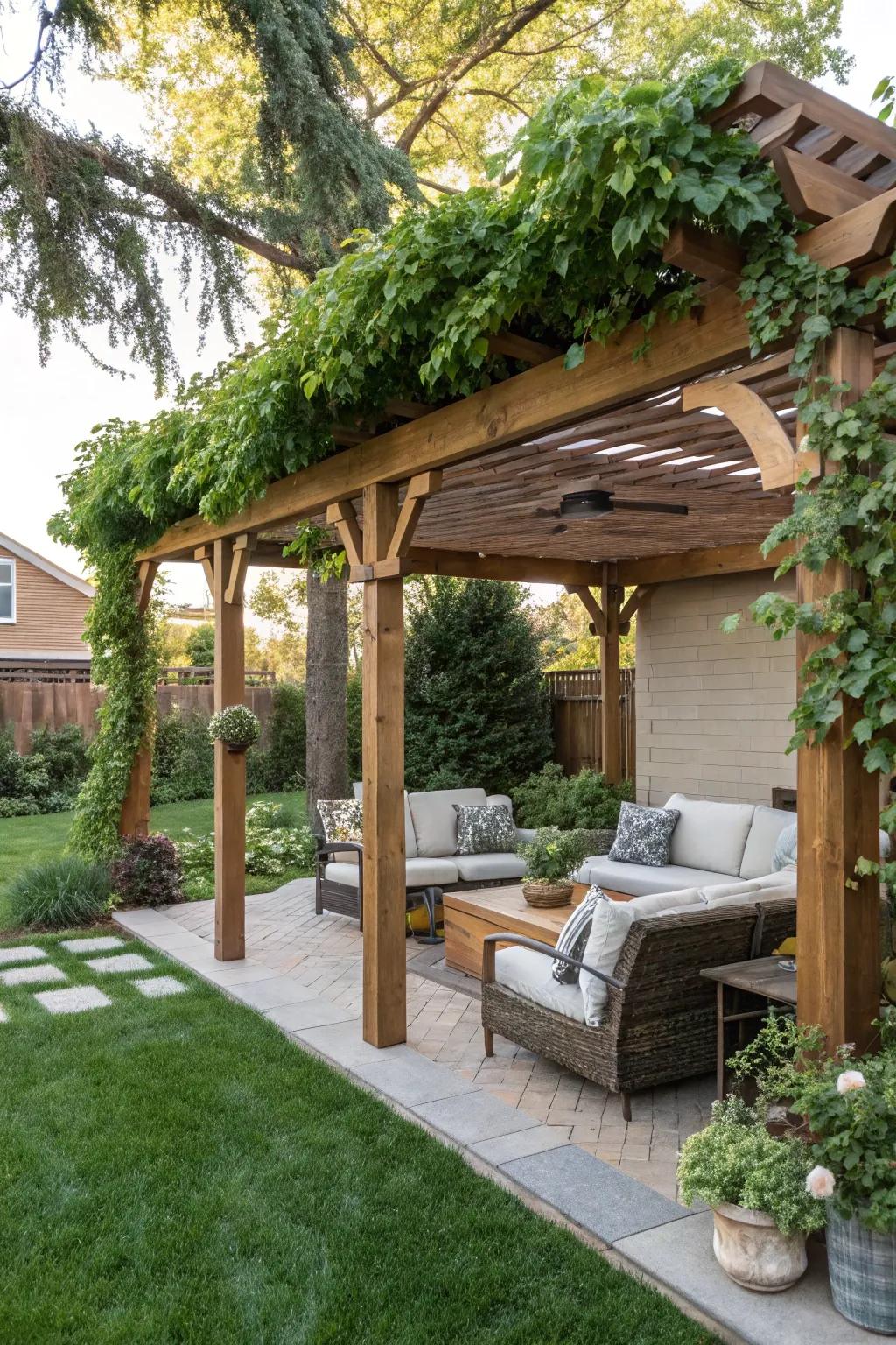 A pergola provides shade and style, enhancing the Hamptons feel of your backyard.