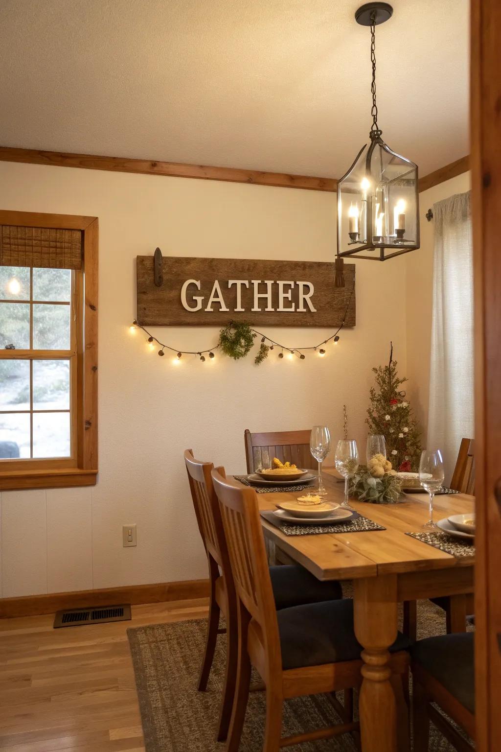 A rustic wooden sign that invites warmth into the dining space.