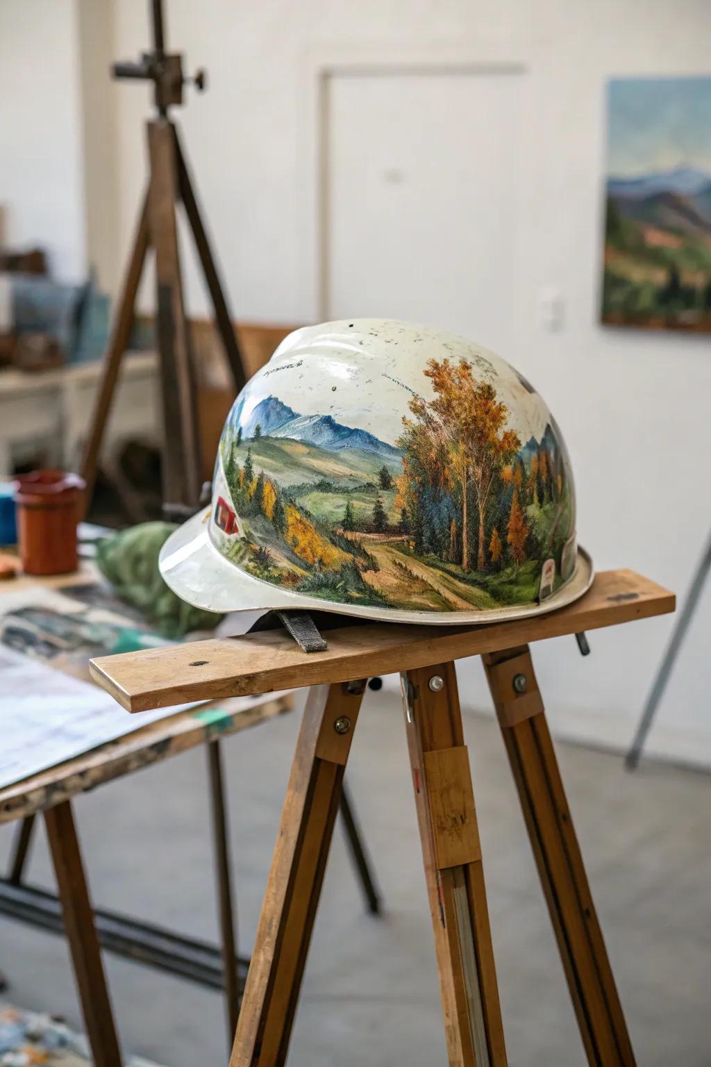 A hard hat transformed into a canvas for artistic expression.