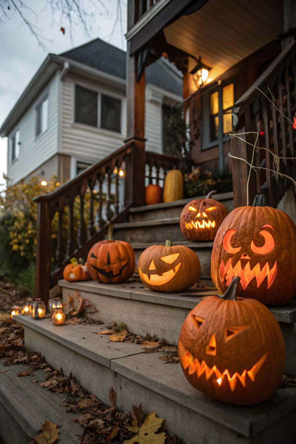 Forge an inviting yet eerie vestibule by means of a jack-o'-lantern exhibition.