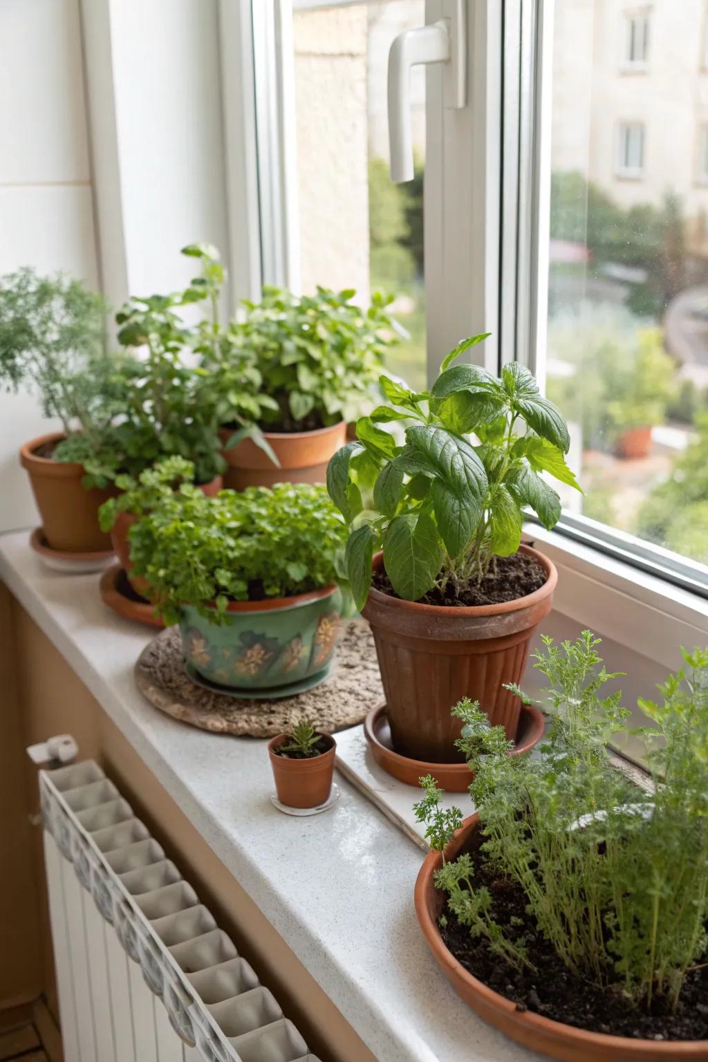 A bright cooking area that is enhanced with fresh flora and herbs.