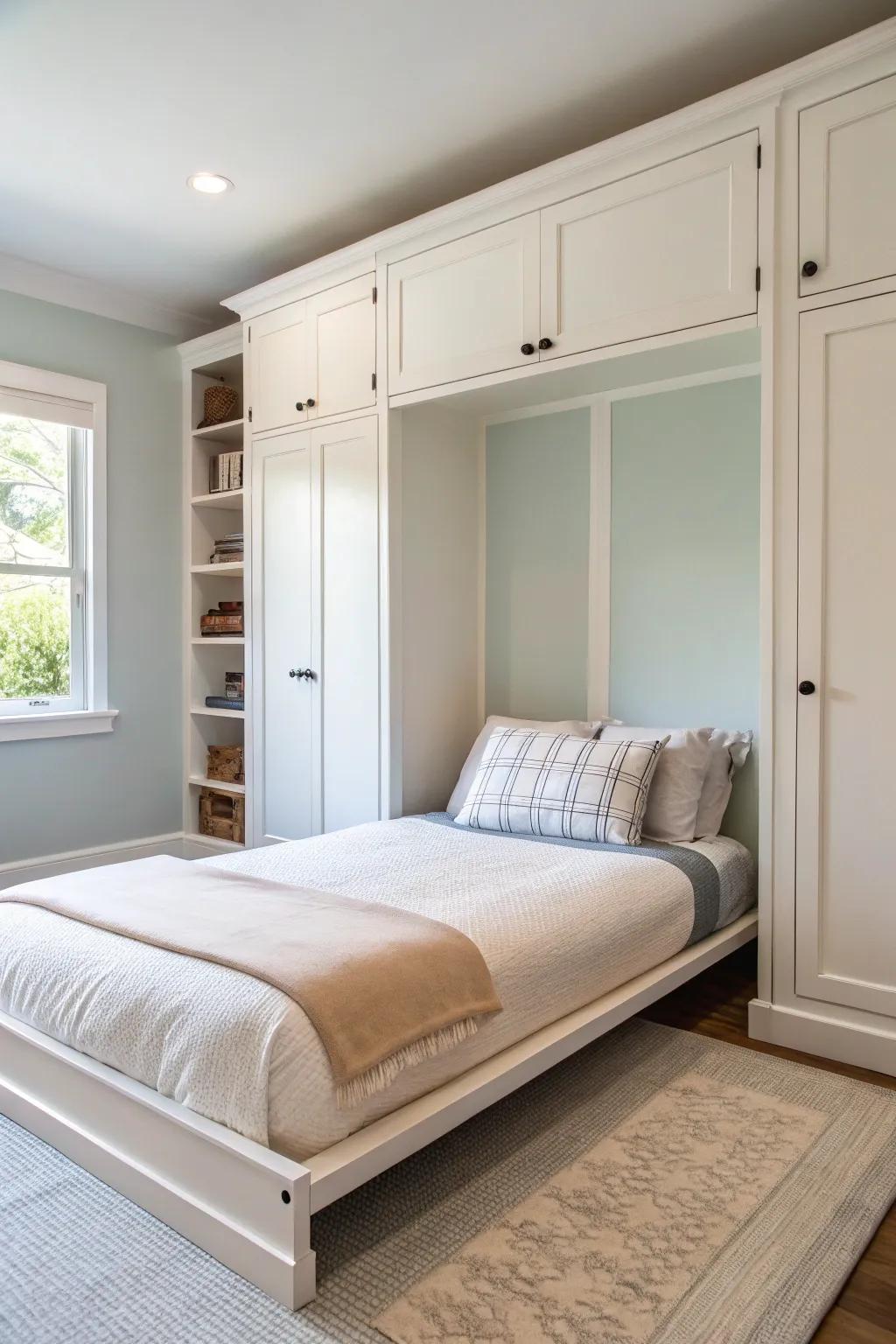 A minimalist bedroom with a sleek Murphy bed, perfect for modern living.