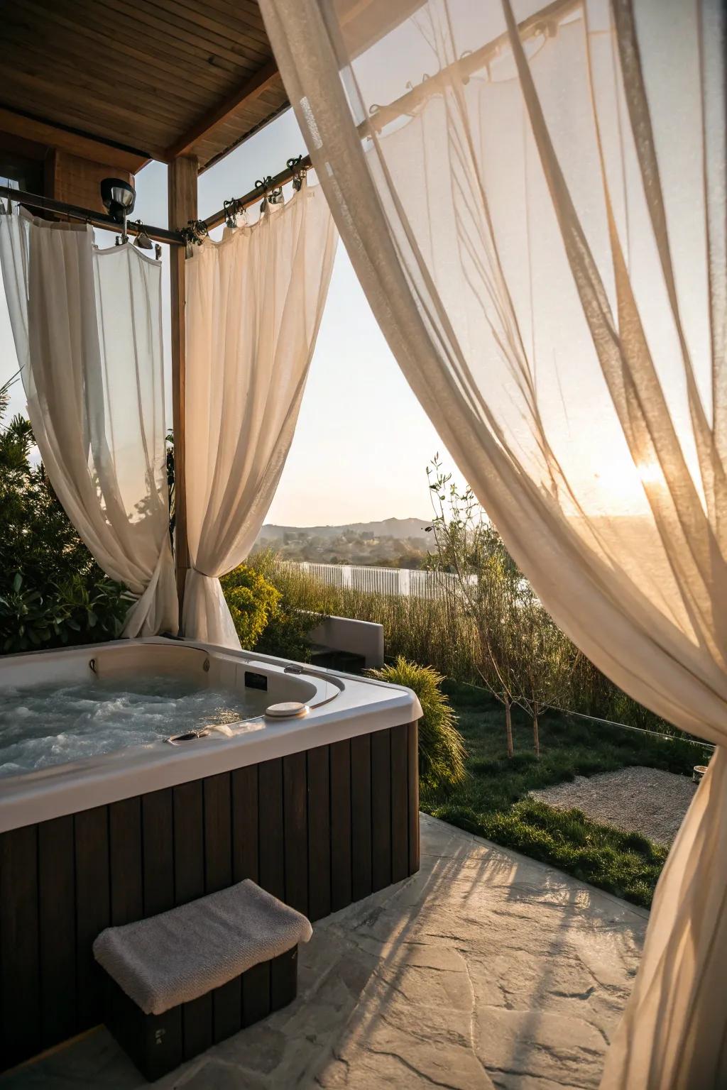 Outdoor curtains provide adaptable privacy and a soft visual appeal.