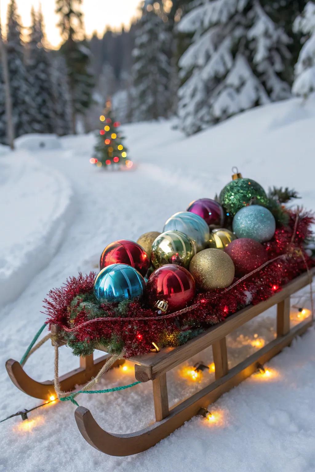 A sled sparkling with festive Christmas ornaments