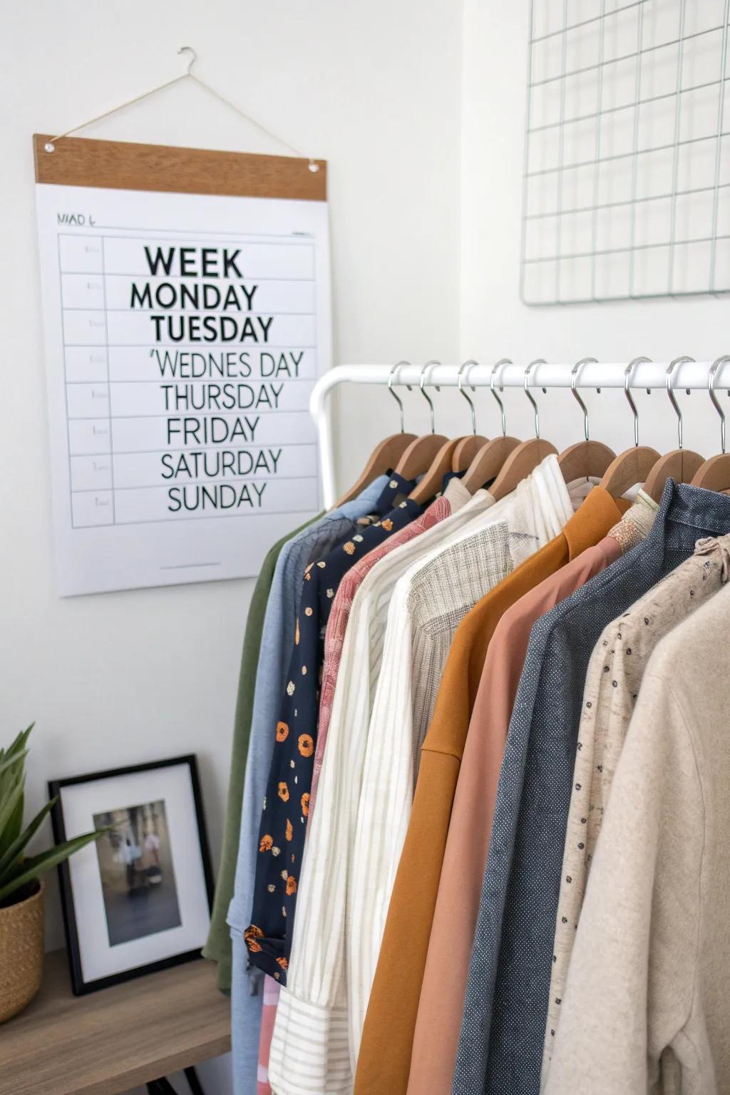 A weekly clothes planner makes morning routines simpler.