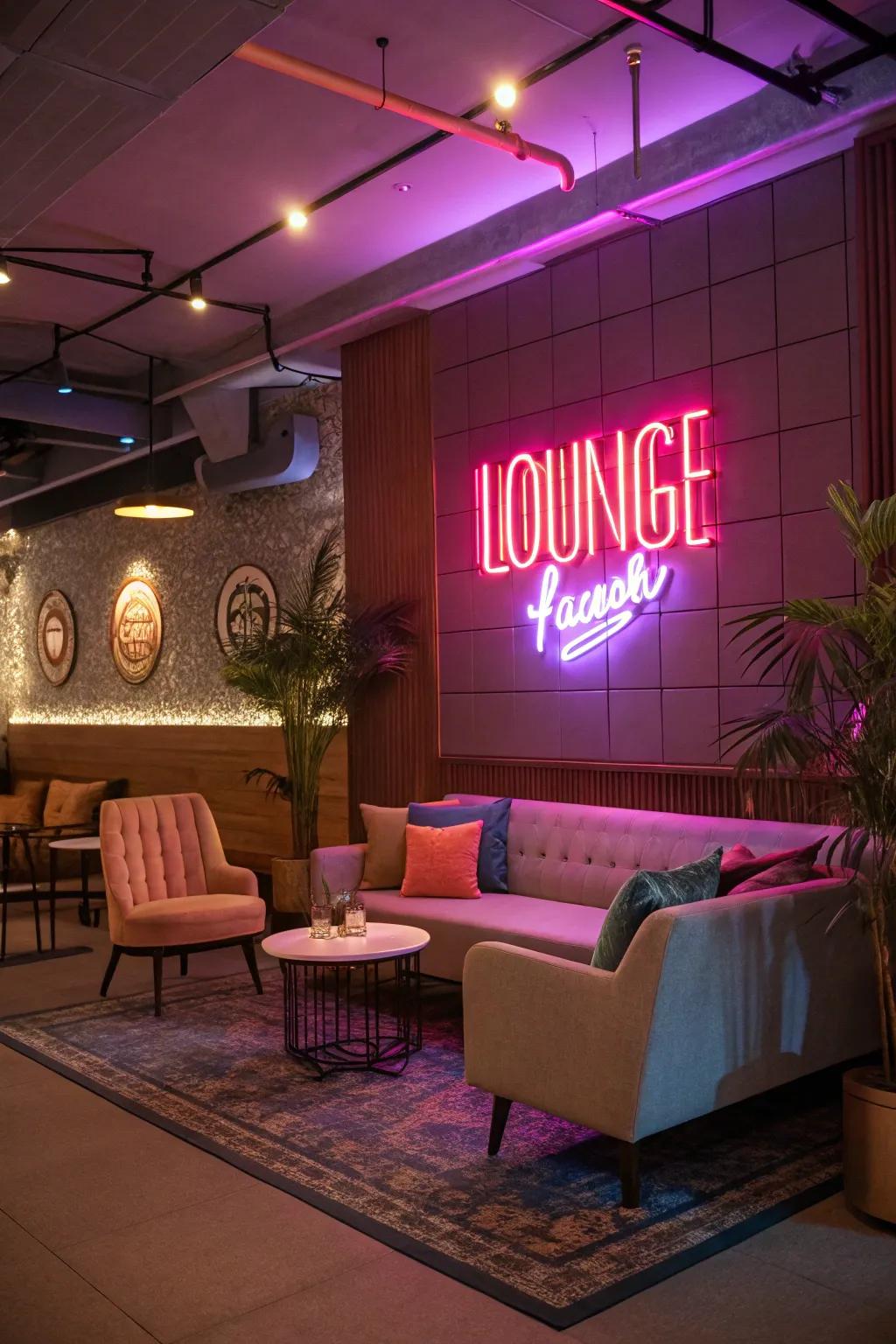 Create a lively atmosphere with neon signs.