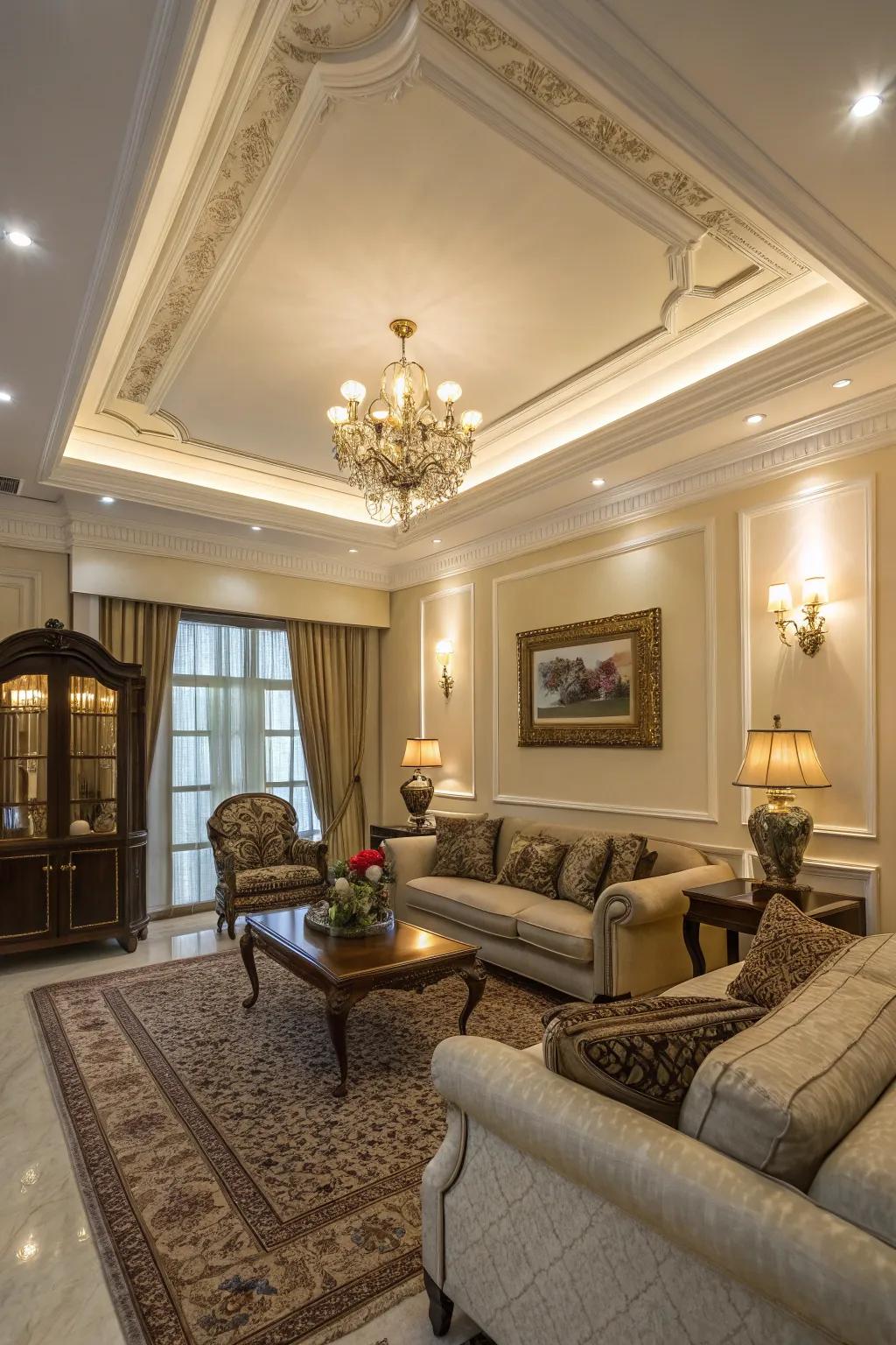 Luxurious living room featuring elegant crown molding.