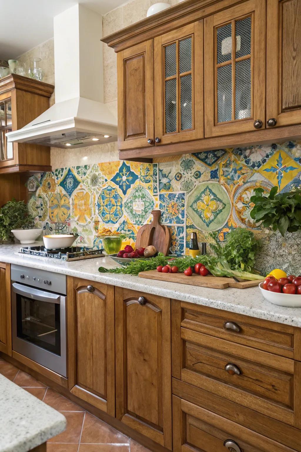 A vibrant tile backsplash adds an artistic touch to this Italian kitchen.