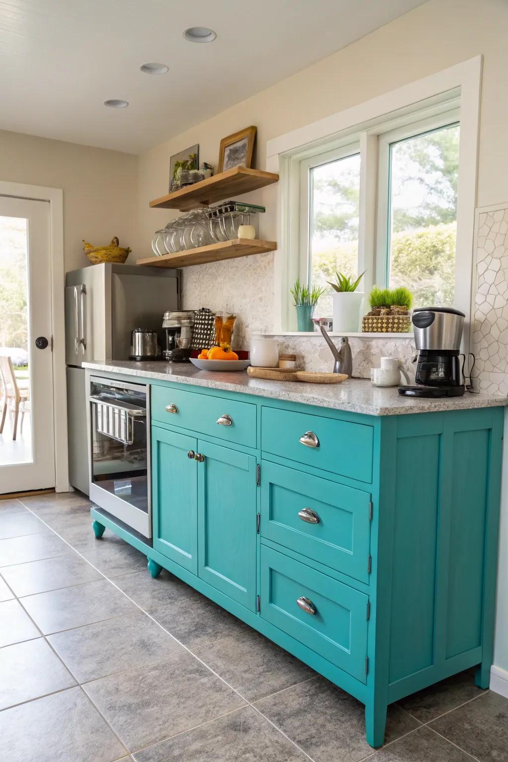 An intensely cyan sideboard infuses vibrant pigment into this culinary space.
