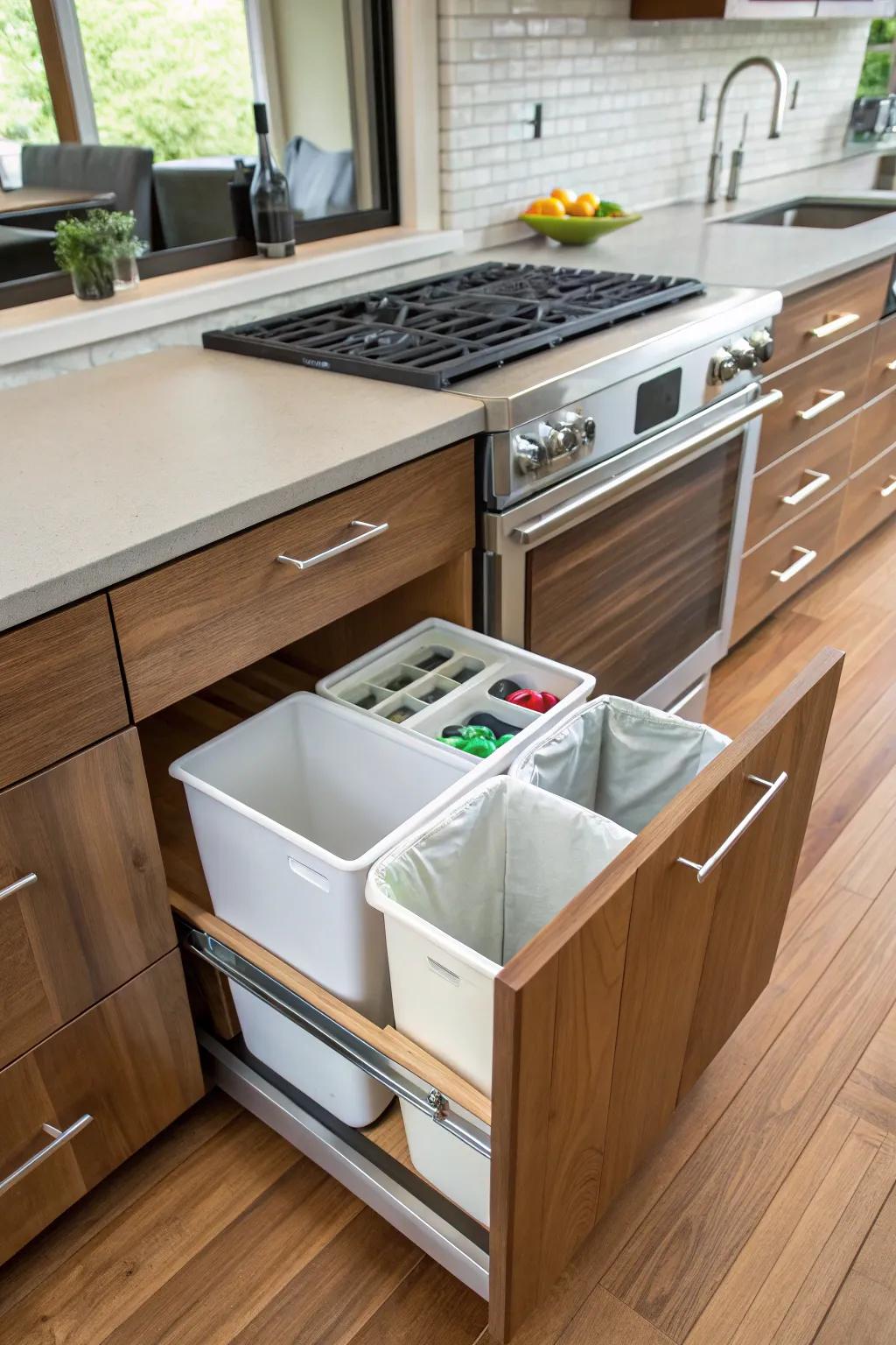 Keep your kitchen tidy with hidden trash and recycling bins inside a drawer.